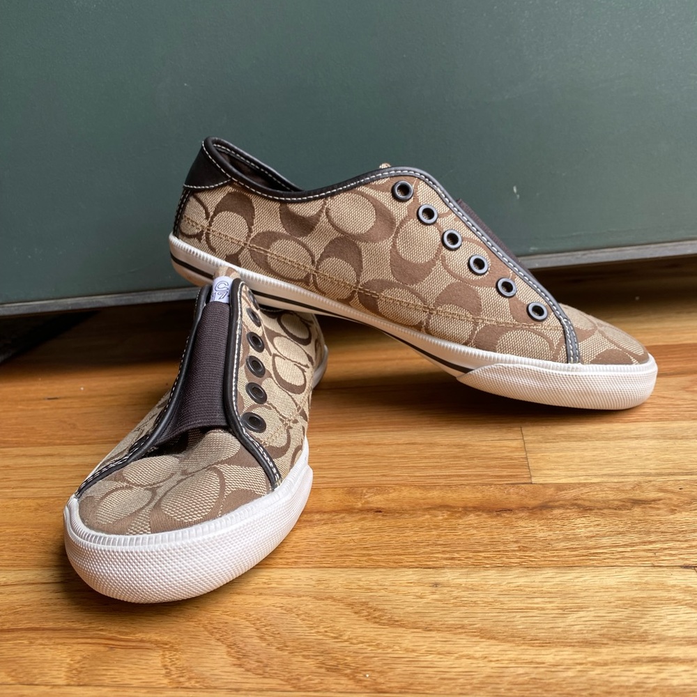 COACH Women’s Size 7 Brown Tennis Shoes Slip On Logo  Signature No Lace
